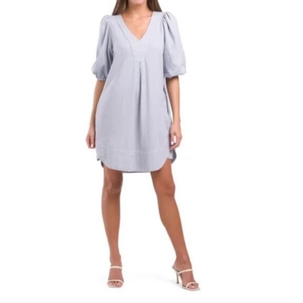 Forcynthia Linen Light Blue Puff Sleeve Dress